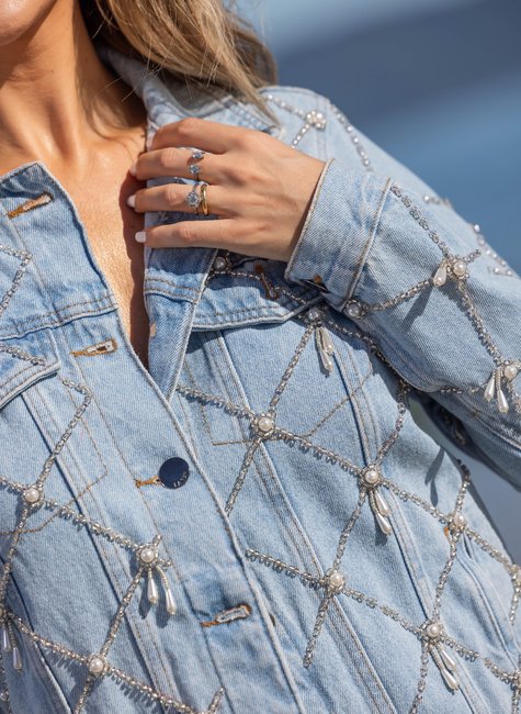 Casaco Camisa Jeans Bordada Com Perola Conjunto Jeans Bordado