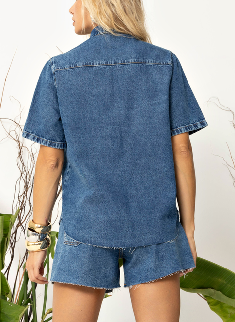 Shorts Jeans Candice Escuro Cintura Alta com Barra Desfiada | La Tay